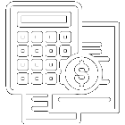 Icon of a white calculator with coins symbolising profitability in Mani Business Services' client services